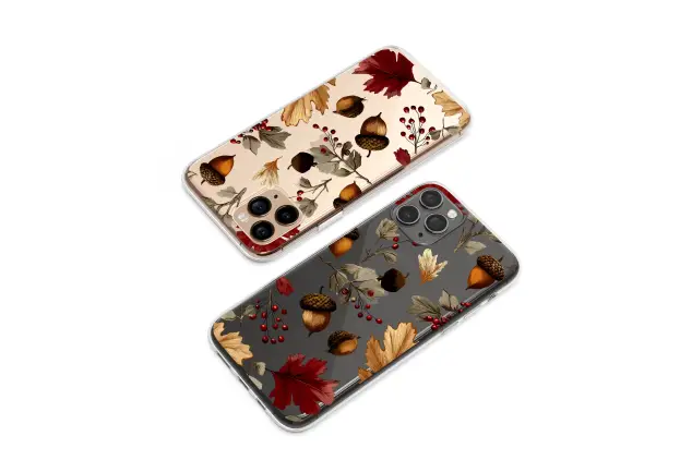 Clear Clear Vintage Autumn Leaves Acorn and Berry Glitch Pattern Phone Case Cover for iPhone 17 Pro Max 16 15 13 Samsung S25 S24 Pixel 8807