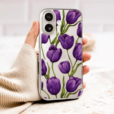 Clear Clear Vintage Botanical Purple Tulip Floral Illustration Phone Case Cover for iPhone 17 Pro Max 16 15 13 Samsung S26 S25 Pixel 10086 - Image 1