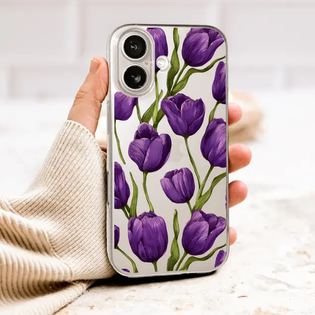 Clear Clear Vintage Botanical Purple Tulip Floral Illustration Phone Case Cover for iPhone 17 Pro Max 16 15 13 Samsung S26 S25 Pixel 10086