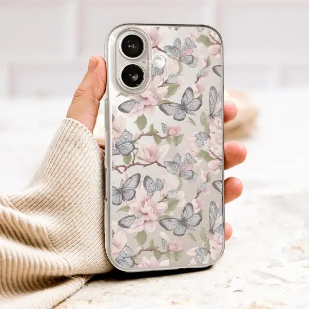 Clear Clear Vintage Butterfly and Magnolia Blossom Pattern Phone Case Cover for iPhone 17 Pro Max 16 15 13 Samsung S26 S25 Pixel 10063