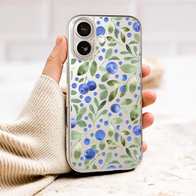 Clear Clear Watercolor Blueberry Leafy Botanical Art Phone Case Cover for iPhone 17 Pro Max 16 15 Plus 14 13 Mini Samsung S26 S25 Pixel 10 9 10124