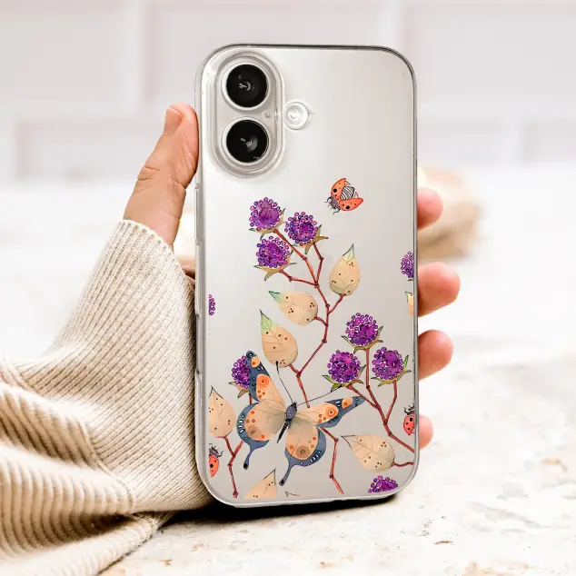 Clear Clear Watercolor Butterfly and Ladybug Botanical Design Phone Case Cover for iPhone 17 Pro Max 16 15 13 Samsung S26 S25 Pixel 10099