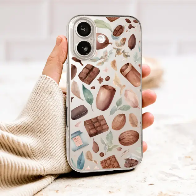Clear Clear Watercolor Chocolate and Cocoa Bean Botanical Pattern Phone Case Cover for iPhone 17 Pro Max 16 15 13 Samsung S26 S25 Pixel 10133