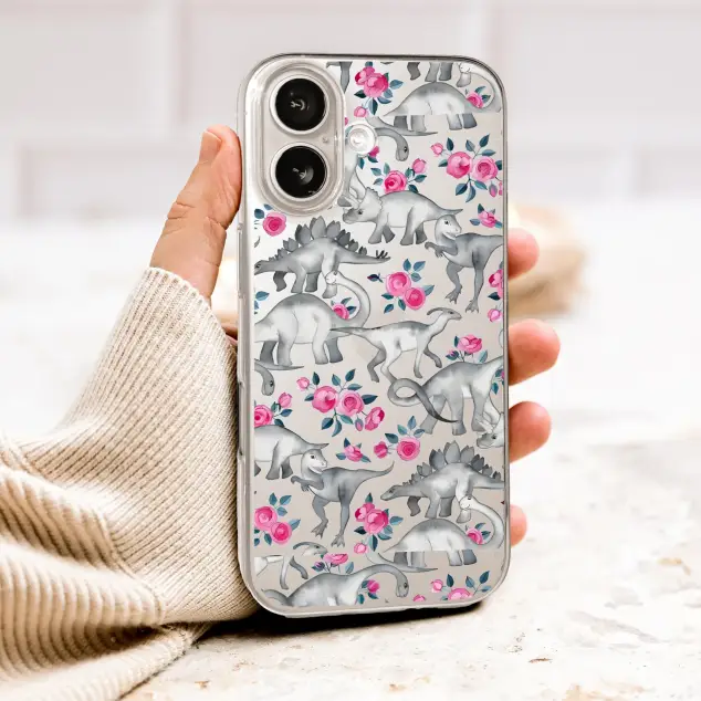 Clear Clear Watercolor Dinosaur and Pink Rose Floral Pattern Phone Case Cover for iPhone 17 Pro Max 16 15 13 Samsung S26 S25 Pixel 10058