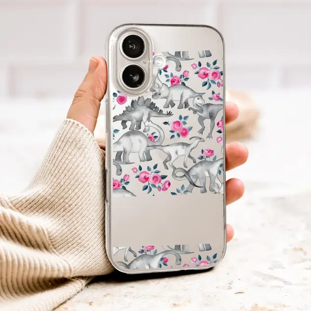 Clear Clear Watercolor Dinosaur and Rose Floral Pattern Art Phone Case Cover for iPhone 17 Pro Max 16 15 13 Samsung S26 S25 Pixel 10043