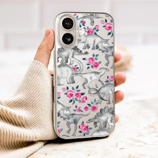 Clear Clear Watercolor Dinosaur and Rose Floral Pattern Phone Case Cover for iPhone 17 Pro Max 16 15 13 Samsung S26 S25 Pixel 10064