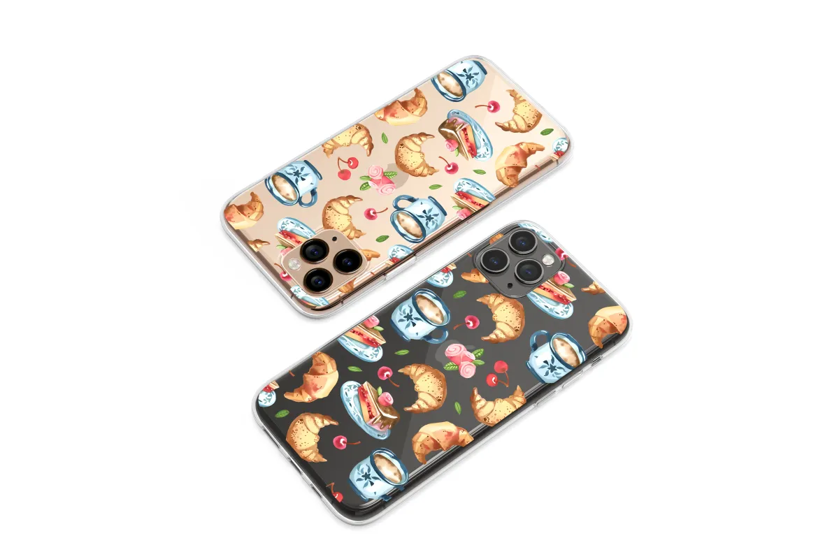 Clear Clear Watercolor French Breakfast Pastry Coffee Pattern Phone Case Cover for iPhone 17 Pro Max 16 15 13 Samsung S25 S24 Pixel 8733 - Image 1