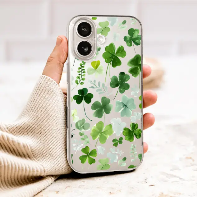 Clear Clear Watercolor Green Shamrock Clover Botanical Art Phone Case Cover for iPhone 17 Pro Max 16 15 13 Samsung S26 S25 Pixel 10006