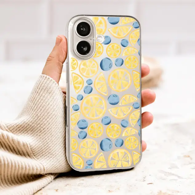 Clear Clear Watercolor Lemon and Blueberry Fruit Pattern Phone Case Cover for iPhone 17 Pro Max 16 15 13 Samsung S26 S25 Pixel 10032