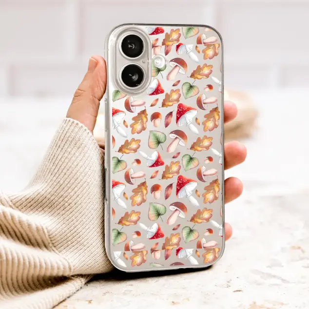 Clear Clear Watercolor Mushroom Autumn Foliage Print Phone Case Cover for iPhone 17 Pro Max 16 15 Plus 14 13 Mini Samsung S26 S25 Pixel 10 9 10028