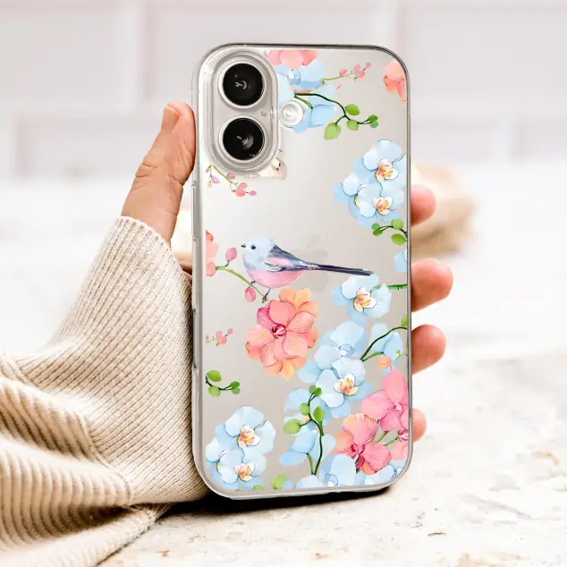 Clear Clear Watercolor Orchid Bird and Butterfly Floral Art Phone Case Cover for iPhone 17 Pro Max 16 15 13 Samsung S26 S25 Pixel 10067