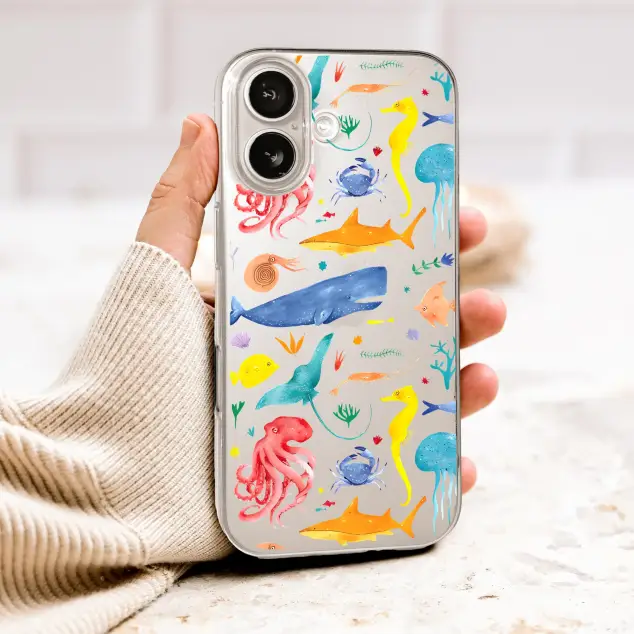 Clear Clear Watercolor Sea Life Marine Animal Pattern Phone Case Cover for iPhone 17 Pro Max 16 15 13 Samsung S26 S25 Pixel 10027
