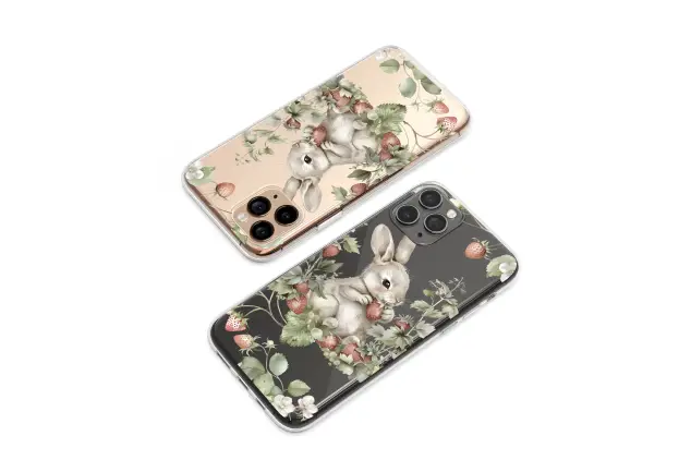 Clear Clear Watercolor Strawberry Bunny Woodland Illustration Phone Case Cover for iPhone 17 Pro Max 16 15 13 Samsung S26 S25 Pixel 9560
