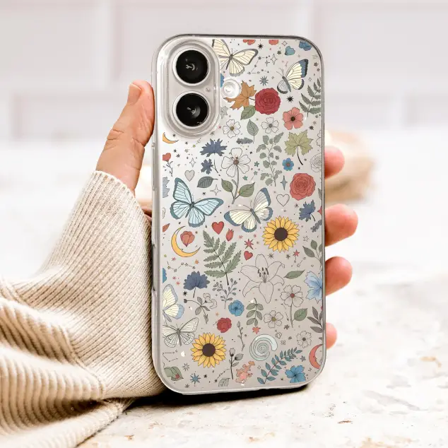 Clear Clear Whimsical Celestial Floral Butterfly Cover Phone Case Cover for iPhone 17 Pro Max 16 15 13 Samsung S26 S25 Pixel 10009