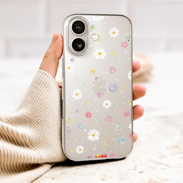 Clear Clear Whimsical Daisy and Colorful Swirl Doodle Phone Case Cover for iPhone 17 Pro Max 16 15 Plus 14 13 Mini Samsung S26 S25 Pixel 10 9 9989