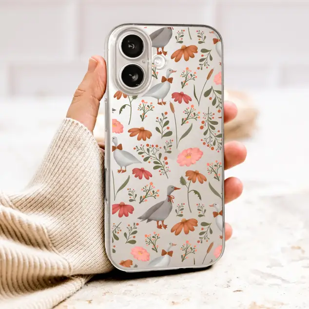 Clear Clear Whimsical Duck and Wildflower Garden Pattern Phone Case Cover for iPhone 17 Pro Max 16 15 13 Samsung S26 S25 Pixel 10060