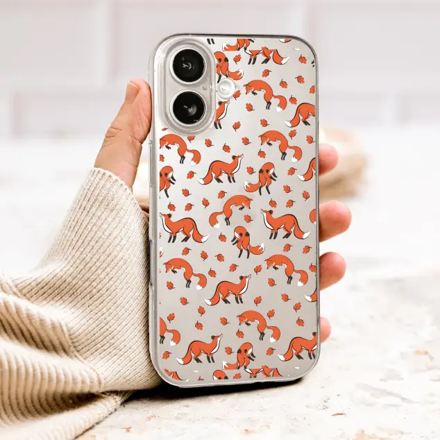 Clear Clear Whimsical Fox Autumn Leaves Pattern Illustration Phone Case Cover for iPhone 17 Pro Max 16 15 13 Samsung S26 S25 Pixel 10012
