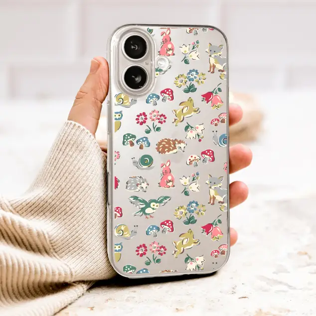 Clear Clear Whimsical Woodland Creature Folk Art Illustration Phone Case Cover for iPhone 17 Pro Max 16 15 13 Samsung S26 S25 Pixel 10054