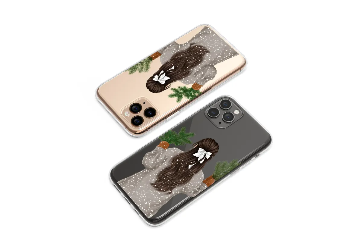 Clear Clear Winter Girl Illustration with White Bow and Pine Phone Case Cover for iPhone 17 Pro Max 16 15 13 Samsung S25 S24 Pixel 8556 - Image 1