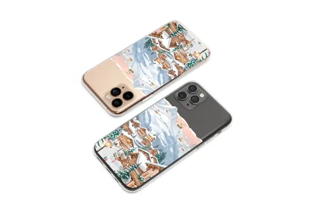 Clear Clear Winter Ski Village Alpine Mountain Illustration Phone Case Cover for iPhone 17 Pro Max 16 15 13 Samsung S25 S24 Pixel 8854