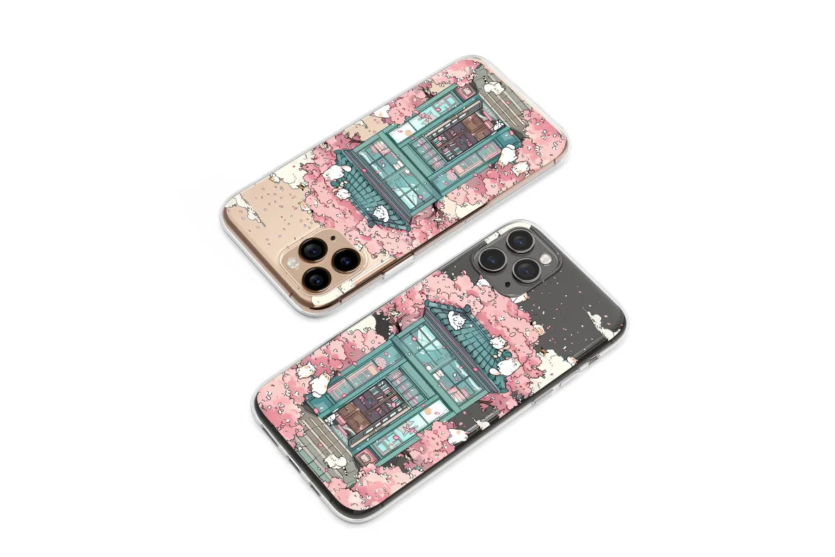 Clear Dreamy Sakura Cat Bookstore Art Phone Case iPhone Samsung Cover Pixel 7901 - Image 1