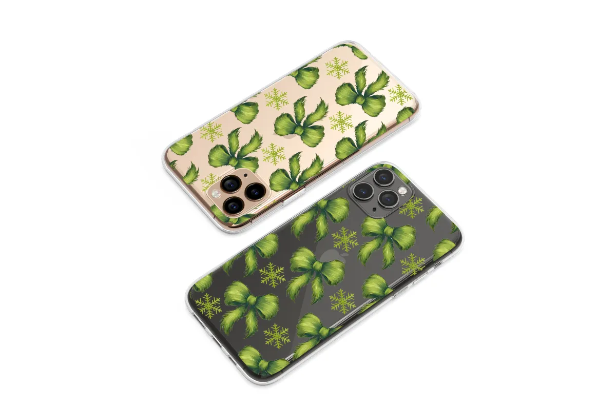 Clear Festive Fuzzy Green Bows Art Phone Case iPhone Samsung Cover Pixel 7443 - Image 1