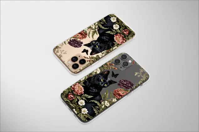 Clear Flower Black Cat Phone Case Cute Animal Cover for iPhone 15 Pro Max 14 Plus 13 12 Mini 11 XR SE Samsung S24 S23 S22 Google Pixel 8 7