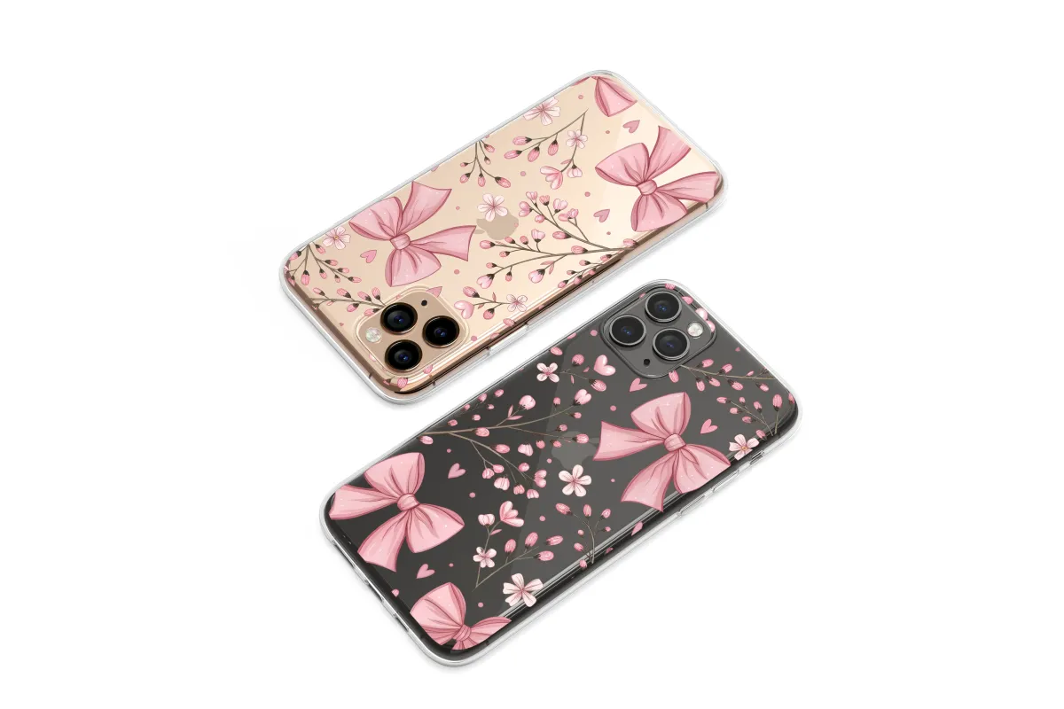 Clear Midnight Blossom and Pink Bows Phone Case iPhone Samsung Cover Pixel 7608 - Image 1