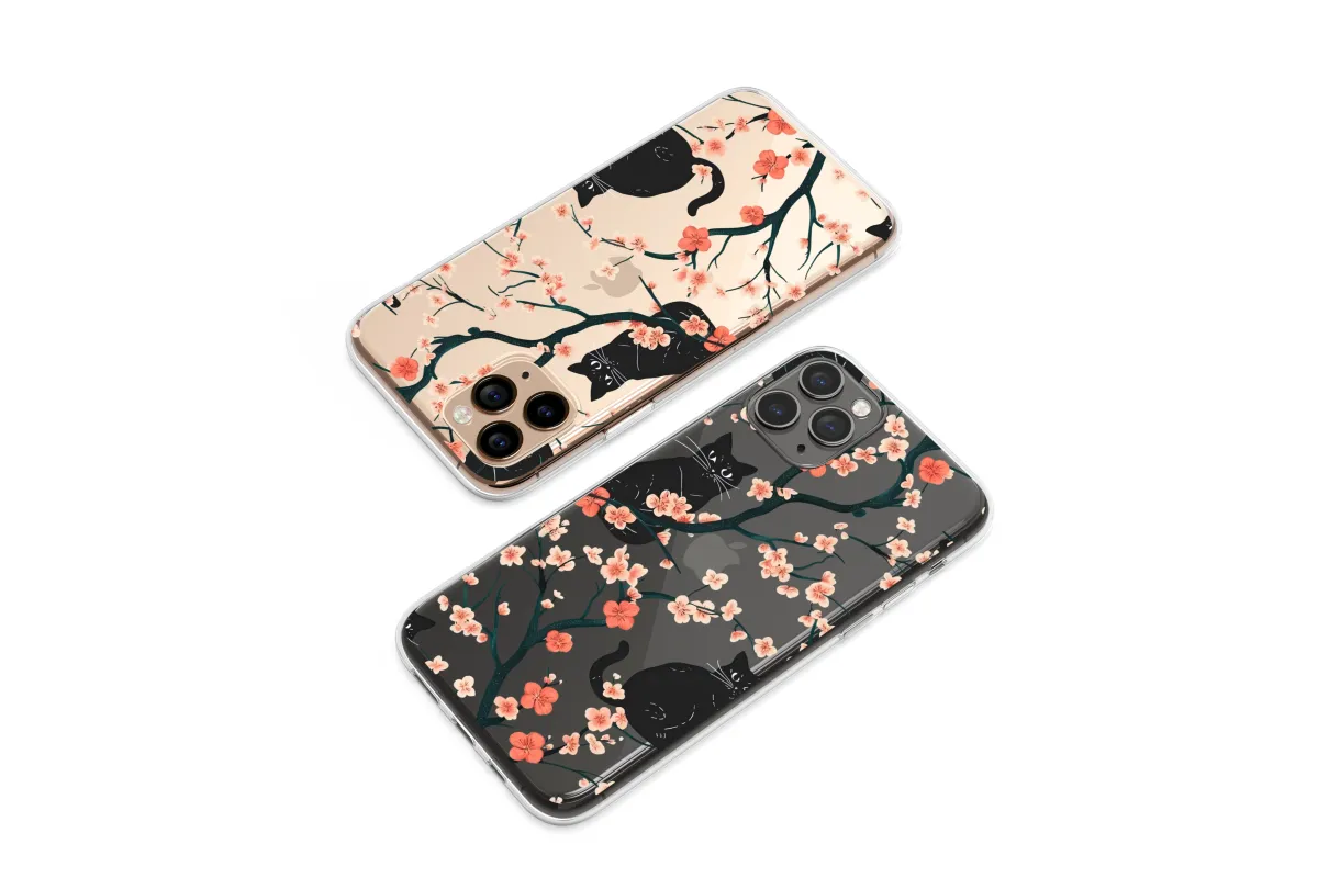 Clear Midnight Cats in Glitch Blossoms Phone Case iPhone Samsung Cover Pixel 7721 - Image 1