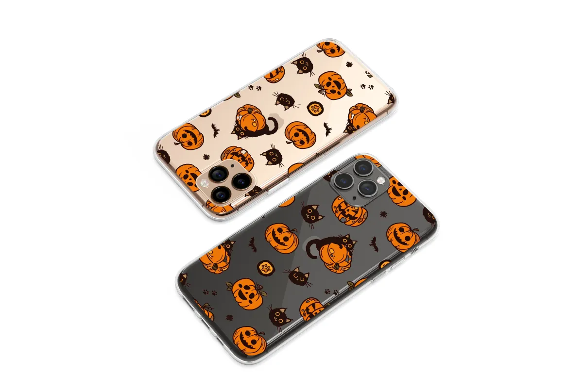 Clear Spooky Black Cat & Pumpkin Party Phone Case iPhone Samsung Cover Pixel 7689 - Image 1