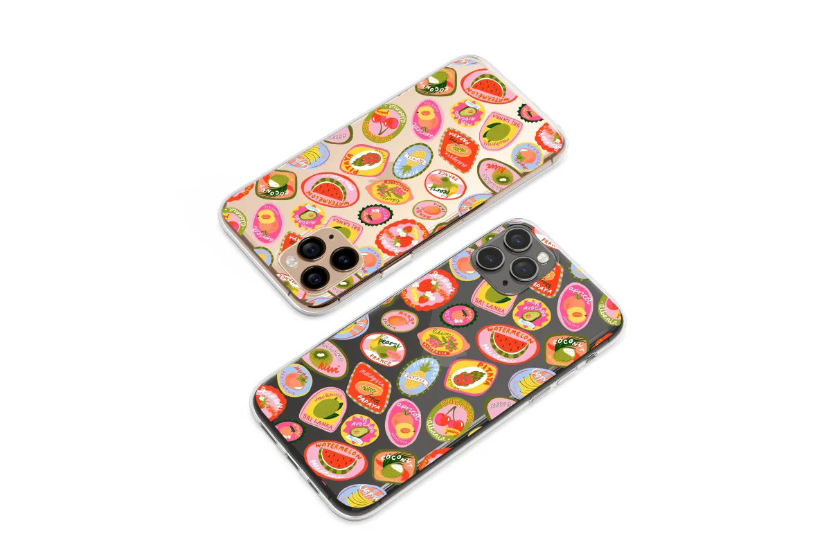 Clear Vintage Travel Fruit Sticker Medley Phone Case iPhone Samsung Cover Pixel 8115 - Image 1