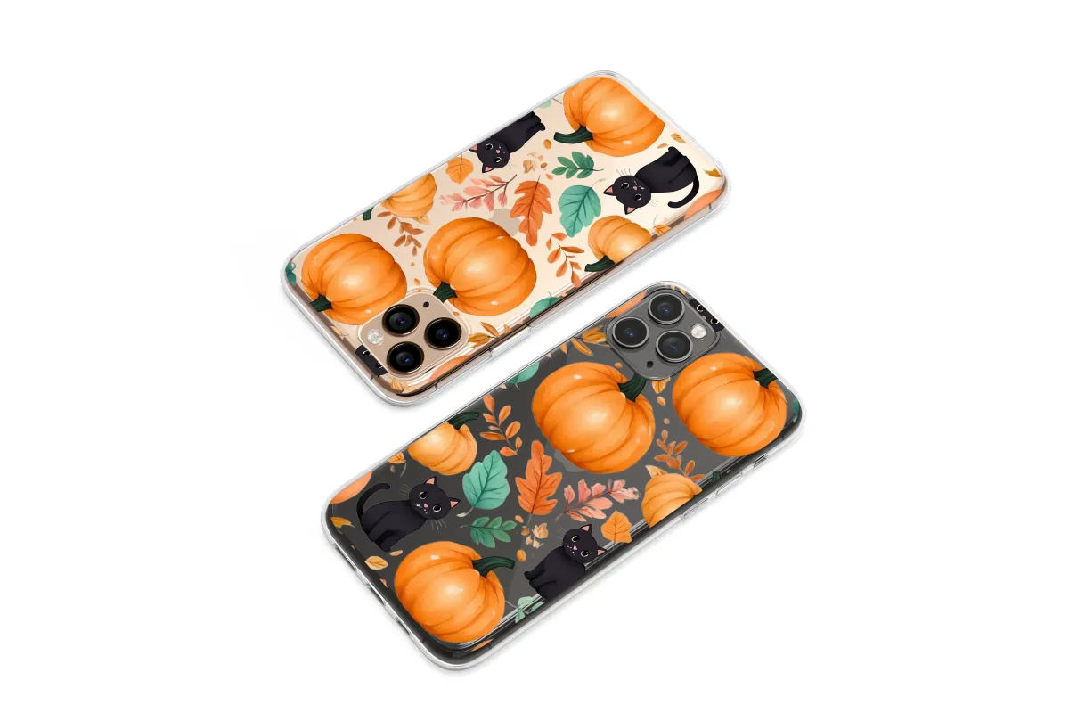 Clear Whimsical Fall Cats & Pumpkins Phone Case iPhone Samsung Cover Pixel 7758 - Image 1