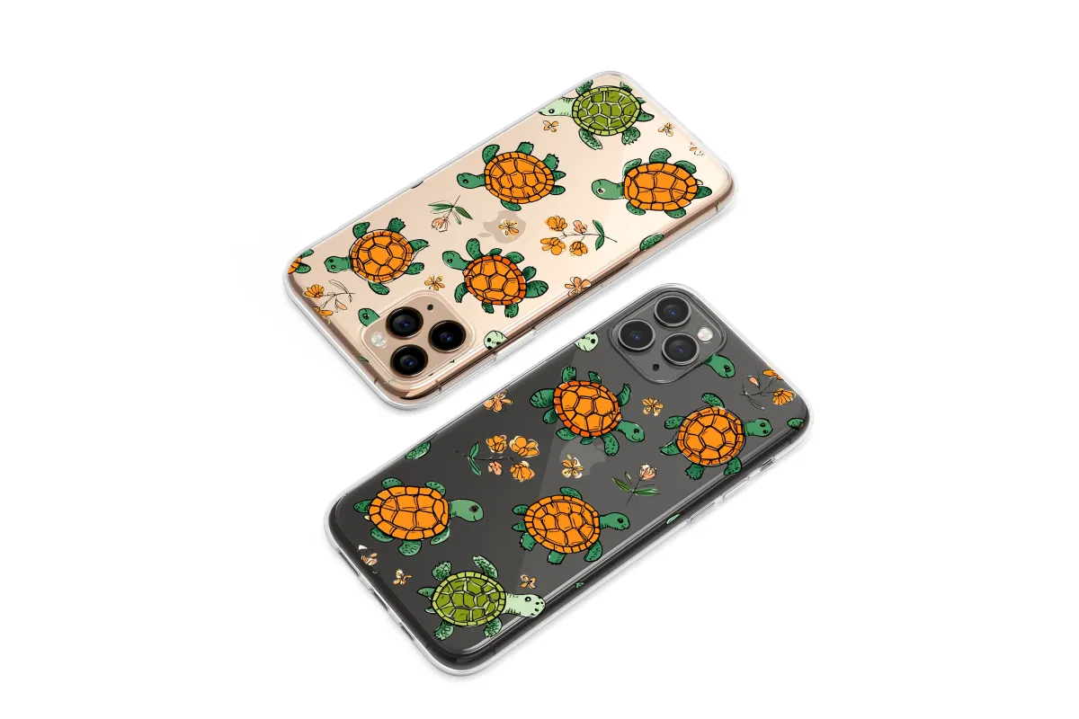 Clear Whimsical Turtle Garden Doodle Art Phone Case iPhone Samsung Cover Pixel 7458 - Image 1