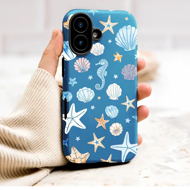 Coastal Seahorse and Seashell Art Phone Case Cover for iPhone 17 Pro Max 16 15 Plus 14 13 Mini SE Samsung S25 S24 S23 Google Pixel 10 9 9248