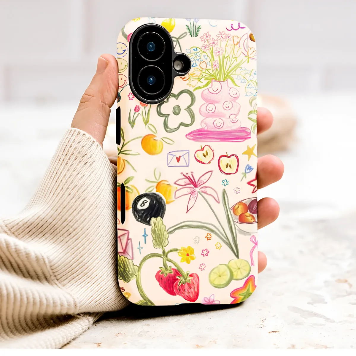 Colorful Crayon Doodle Collage Fruit Floral Art Phone Case Cover for iPhone 17 Pro Max 16 15 Plus 14 13 Mini Samsung S26 S25 Pixel 10 9 9609 - Image 1