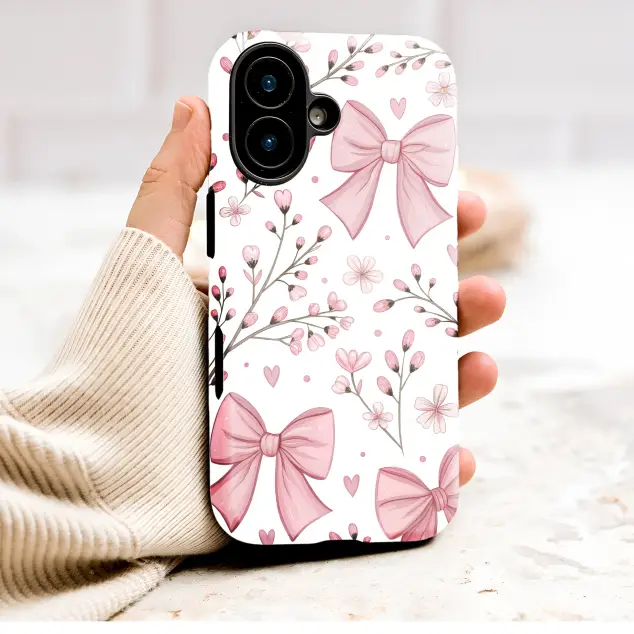 Coquette Pink Bow Cherry Blossom Heart Design Phone Case Cover for iPhone 17 Pro Max 16 15 Plus 14 13 Mini Samsung S25 S24 Pixel 10 9 9372