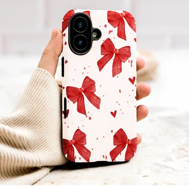 Coquette Red Bow Heart Watercolor Design Phone Case Cover for iPhone 17 Pro Max 16 15 Plus 14 13 Mini Samsung S26 S25 Google Pixel 10 9 9914