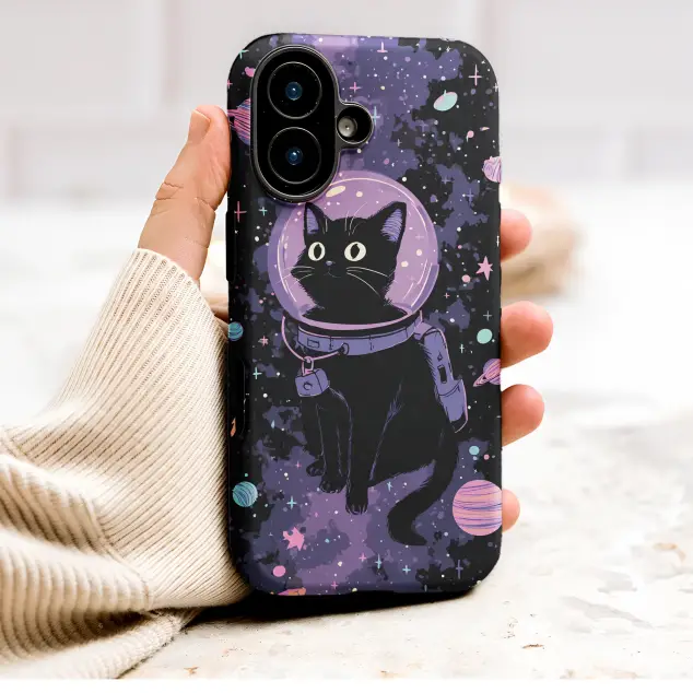Cosmic Black Cat Astronaut in Purple Galaxy Phone Case Cover for iPhone 17 Pro Max 16 15 Plus 14 13 Mini Samsung S25 S24 Pixel 10 9 9000