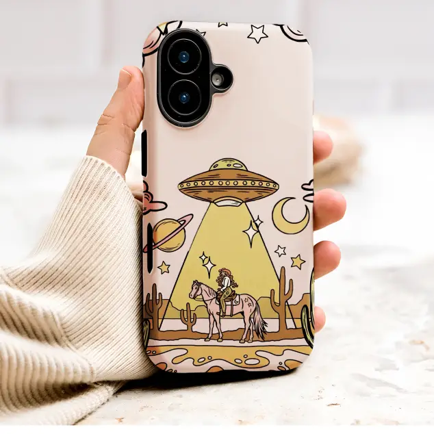 Cosmic Cowgirl UFO Art Desert Scene Illustration Phone Case Cover for iPhone 17 Pro Max 16 15 13 Samsung S26 S25 Pixel 9425