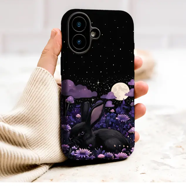 Cottagecore Black Rabbit in Purple Moonlit Garden Art Phone Case Cover for iPhone 17 Pro Max 16 15 13 Samsung S25 S24 Pixel 9320