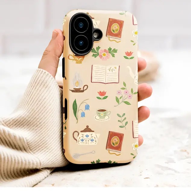 Cottagecore Book Lover Tea and Flowers Design Phone Case Cover for iPhone 17 Pro Max 16 15 Plus 14 13 Mini Samsung S26 S25 Pixel 10 9 9981