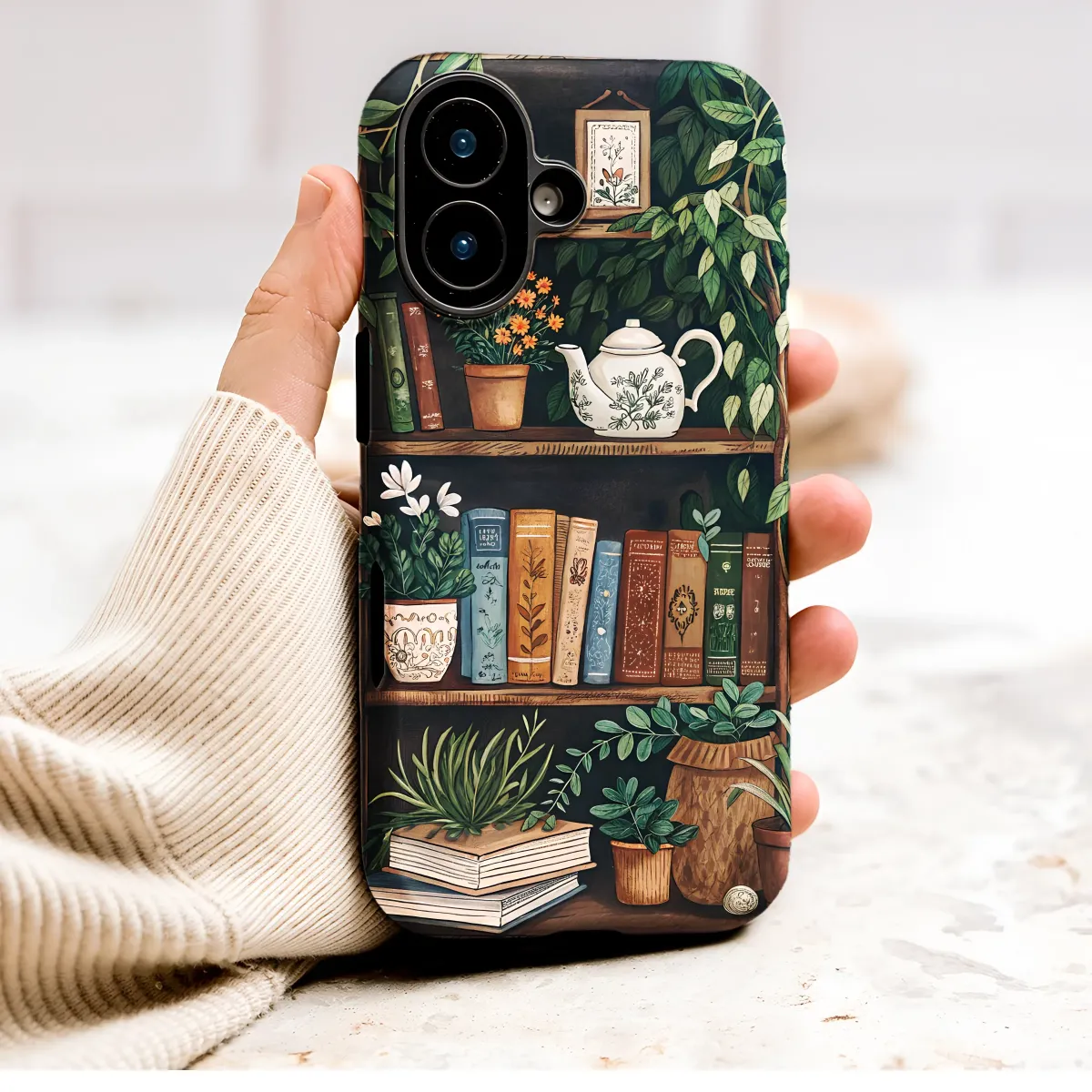 Cottagecore Bookshelf with Plants Illustration Phone Case Cover for iPhone 17 Pro Max 16 15 Plus 14 13 Mini Samsung S25 S24 Pixel 10 9 9002 - Image 1
