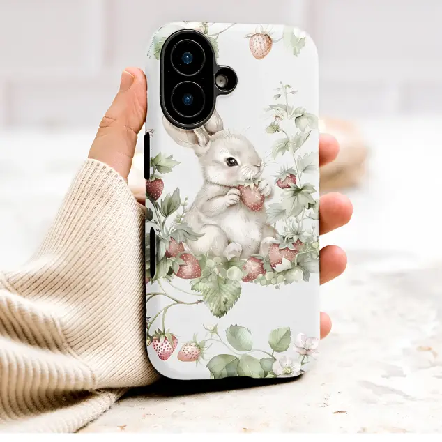 Cottagecore Bunny Strawberry Botanical Illustration Phone Case Cover for iPhone 17 Pro Max 16 15 13 Samsung S26 S25 Pixel 9552