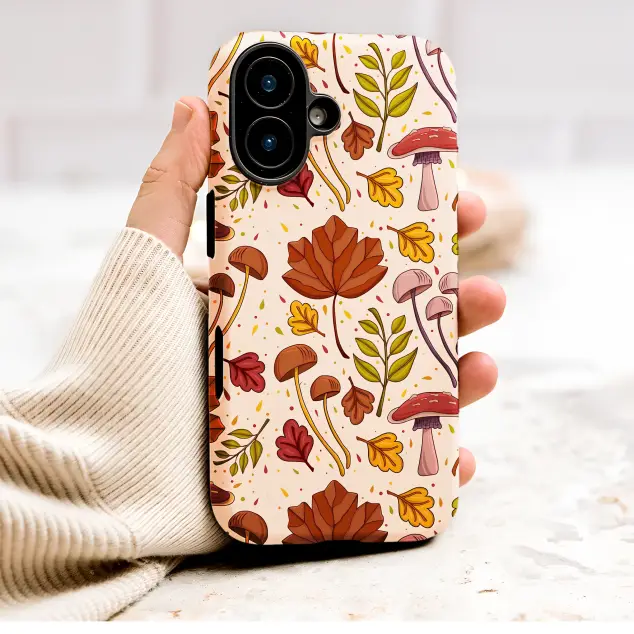 Cottagecore Mushroom and Autumn Leaves Pattern Phone Case Cover for iPhone 17 Pro Max 16 15 Plus 14 13 Mini Samsung S25 S24 Pixel 10 9 9068
