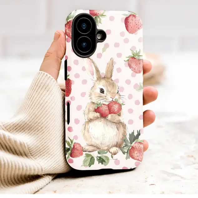Cottagecore Strawberry Bunny Polka Dot Art Print Phone Case Cover for iPhone 17 Pro Max 16 15 13 Samsung S26 S25 Pixel 9577