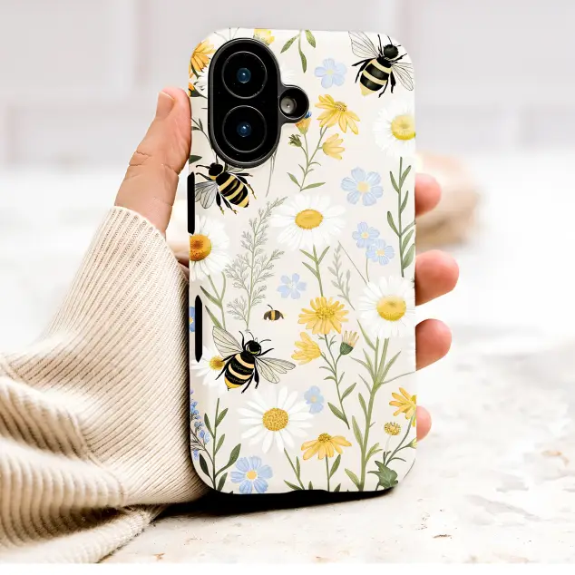 Cottagecore Wildflower and Bee Garden Print Phone Case Cover for iPhone 17 Pro Max 16 15 Plus 14 13 Mini Samsung S26 S25 Pixel 10 9 9709