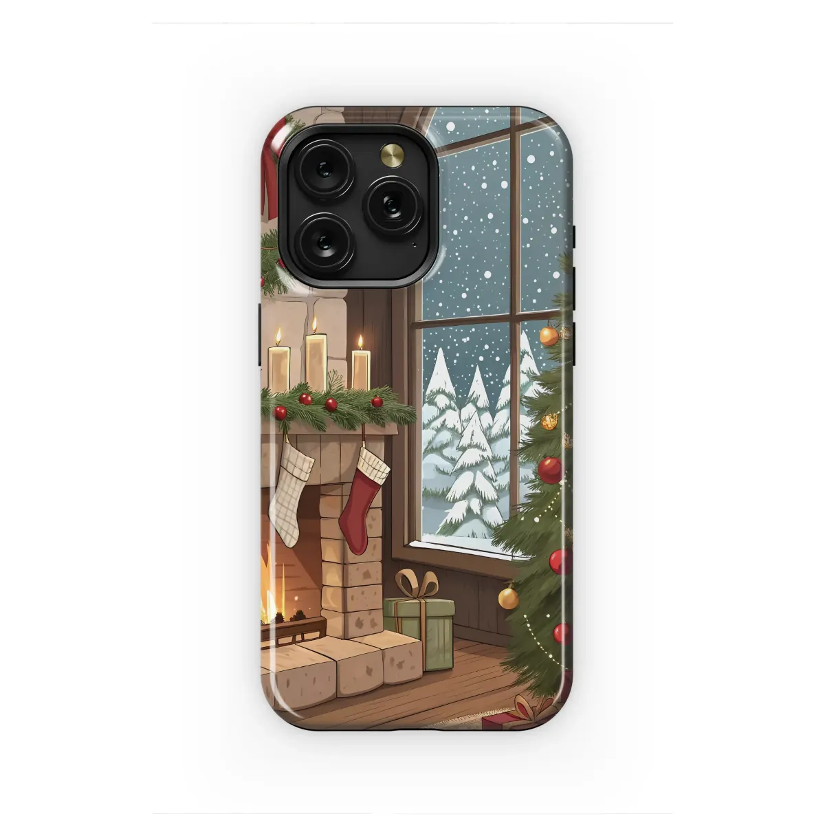 Cozy Christmas Fireplace Illustrated Winter Holiday Design Phone Case Cover for iPhone 17 Pro Max 16 15 13 Samsung S25 S24 Pixel 8557 - Image 1