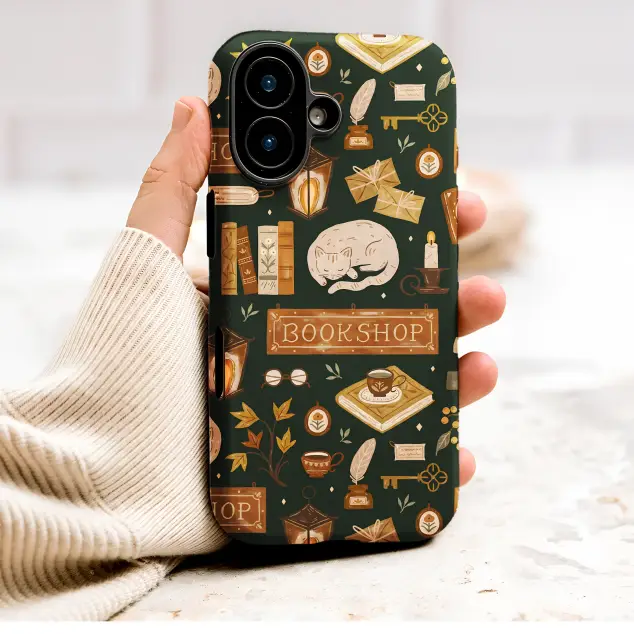 Cozy Reading Nook with Sleeping Cat Dark Academia Pattern Phone Case Cover for iPhone 17 Pro Max 16 15 13 Samsung S26 S25 Pixel 9912