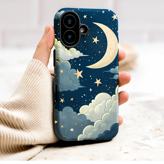Crescent Moon Starry Night Celestial Illustration Art Phone Case Cover for iPhone 17 Pro Max 16 15 13 Samsung S26 S25 Pixel 10015