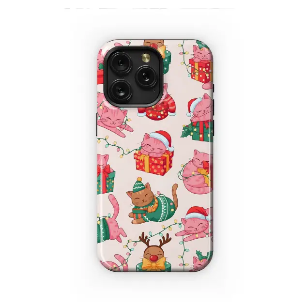 Cute Christmas Cat Pattern with Holiday Lights and Gifts Phone Case Cover for iPhone 17 Pro Max 16 15 13 Samsung S25 S24 Pixel 8622